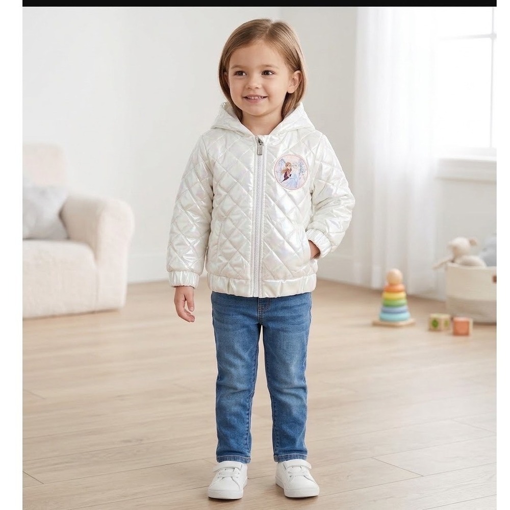 Disney Frozen Anna Elsa Iridescent Quilted Puffer Jacket White Girls Size 3T